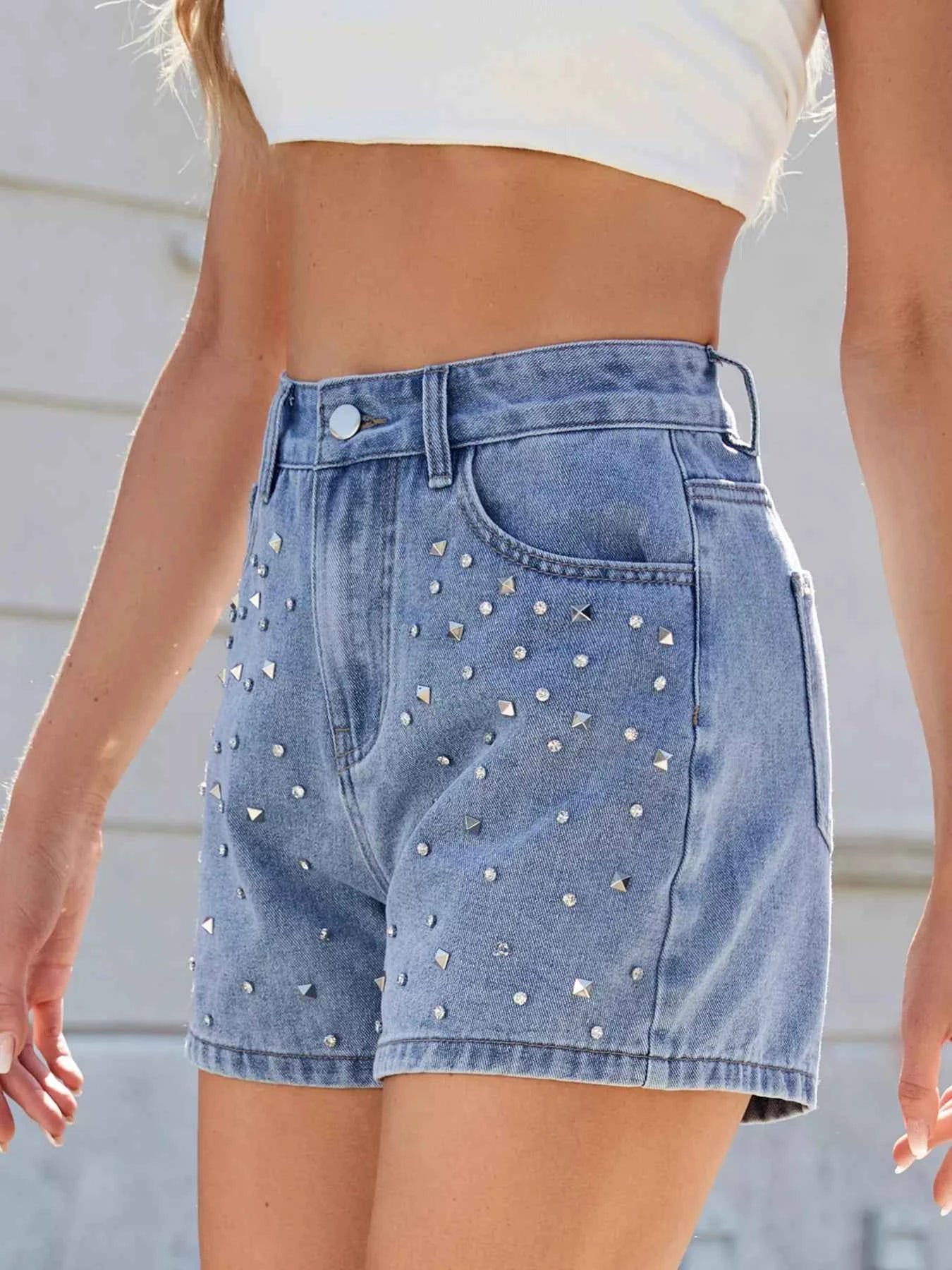 Studded High Waist Denim Shorts
