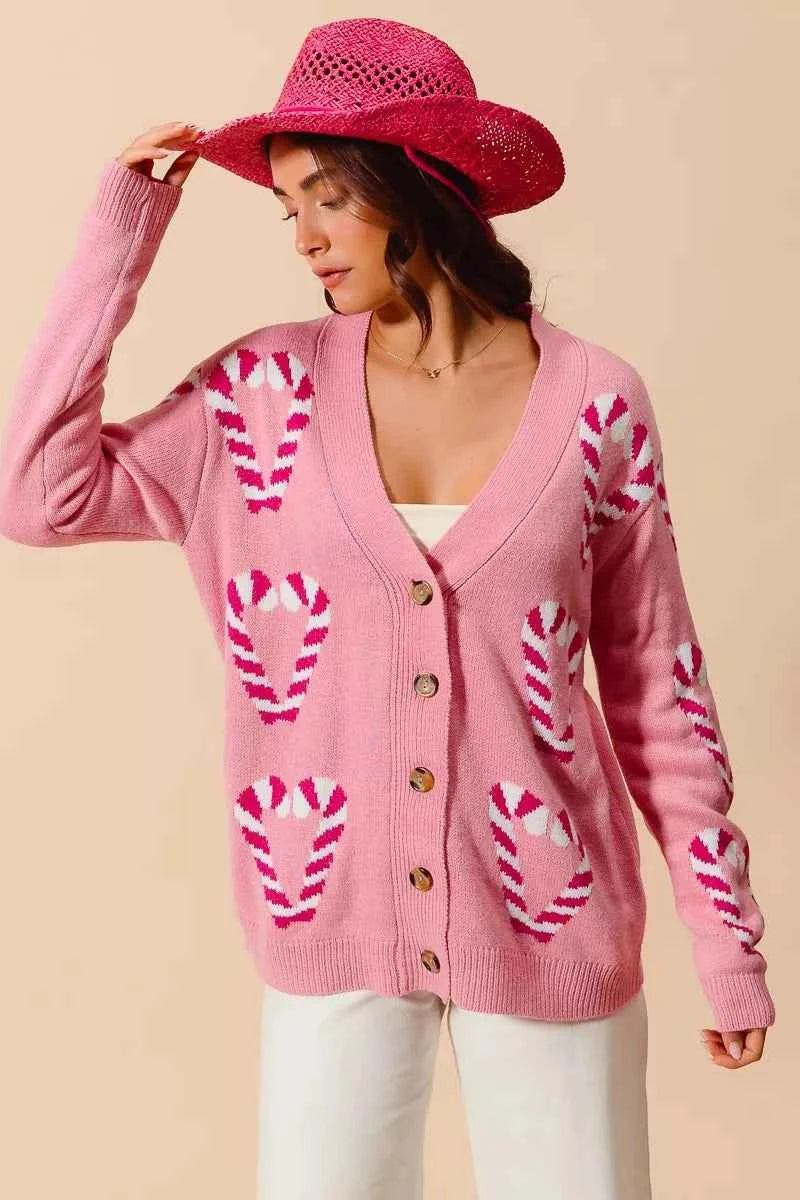SO ME Christmas Candy Cane Button Front Sweater Cardigan