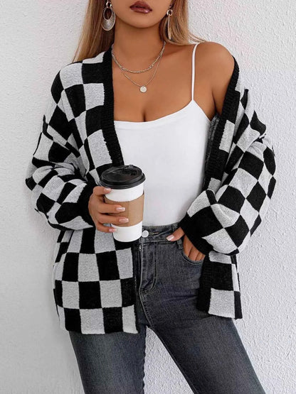 Checkerboard Pattern Open Front Knit Cardigan