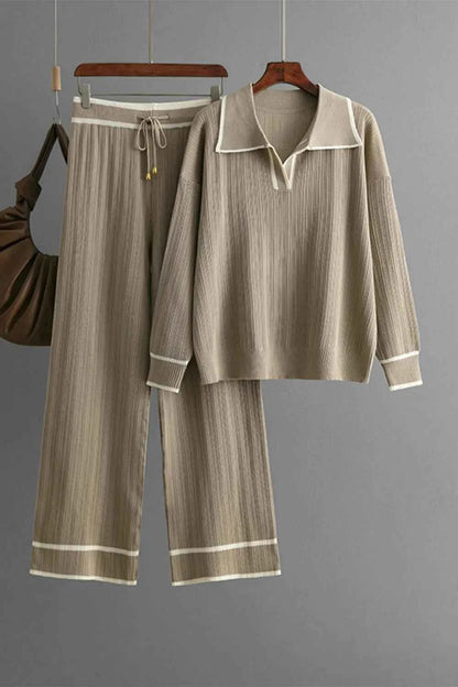 Contrast Trim Johnny Collar Top and Drawstring Pants Sweater Set