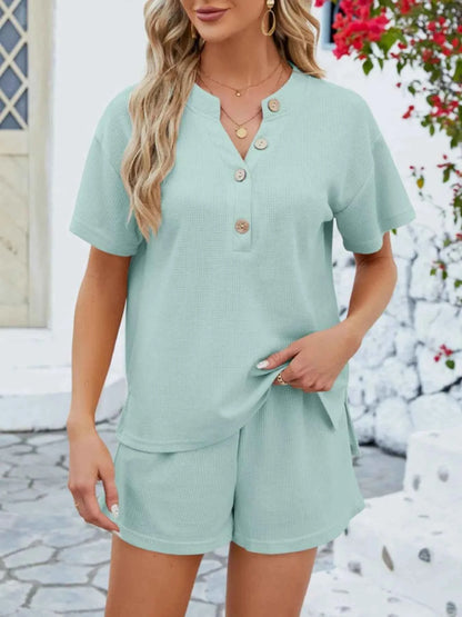 Casual Button Detail Ribbed Top and Shorts Two-Piece Set
