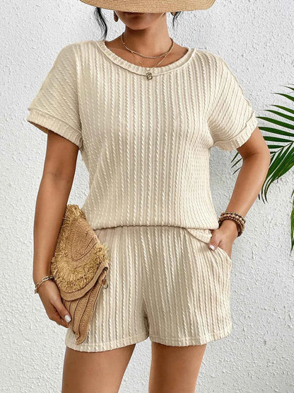 Texture Round Neck Top and Shorts Lounge Set
