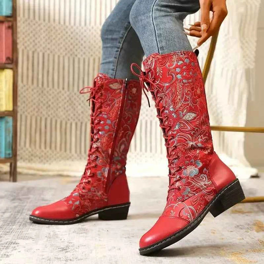 Embroidered Lace-Up Knee High Boots