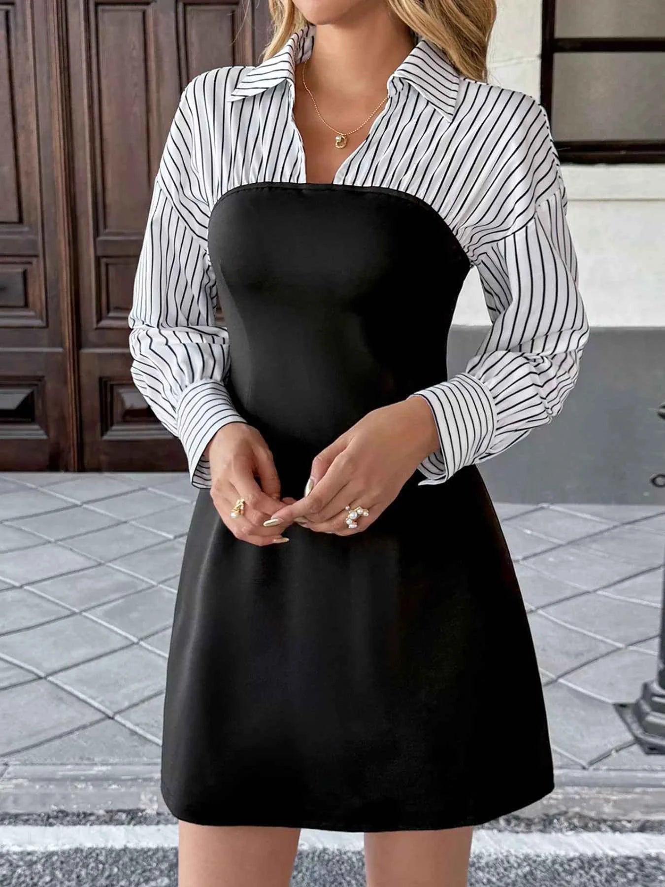 Striped Shirt Panel Bodycon Mini Dress