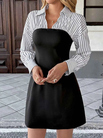 Striped Shirt Panel Bodycon Mini Dress
