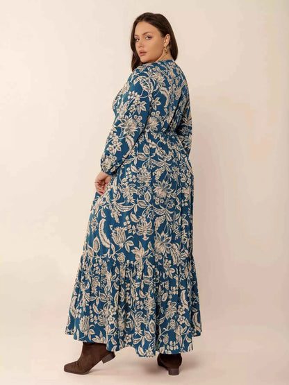 Plus Size Boho Floral Print Long Sleeve Maxi Dress