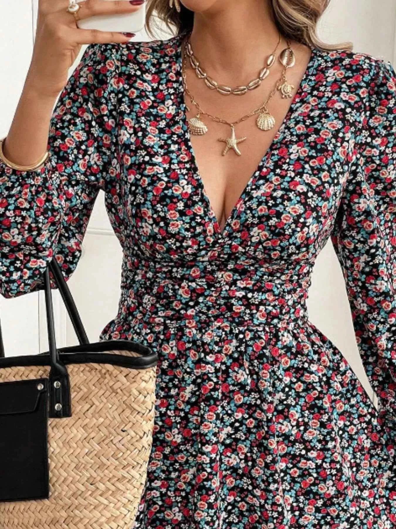 Printed Balloon Sleeve Mini Dress