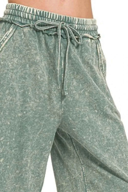 Zenana Washed French Terry Palazzo With Pockets