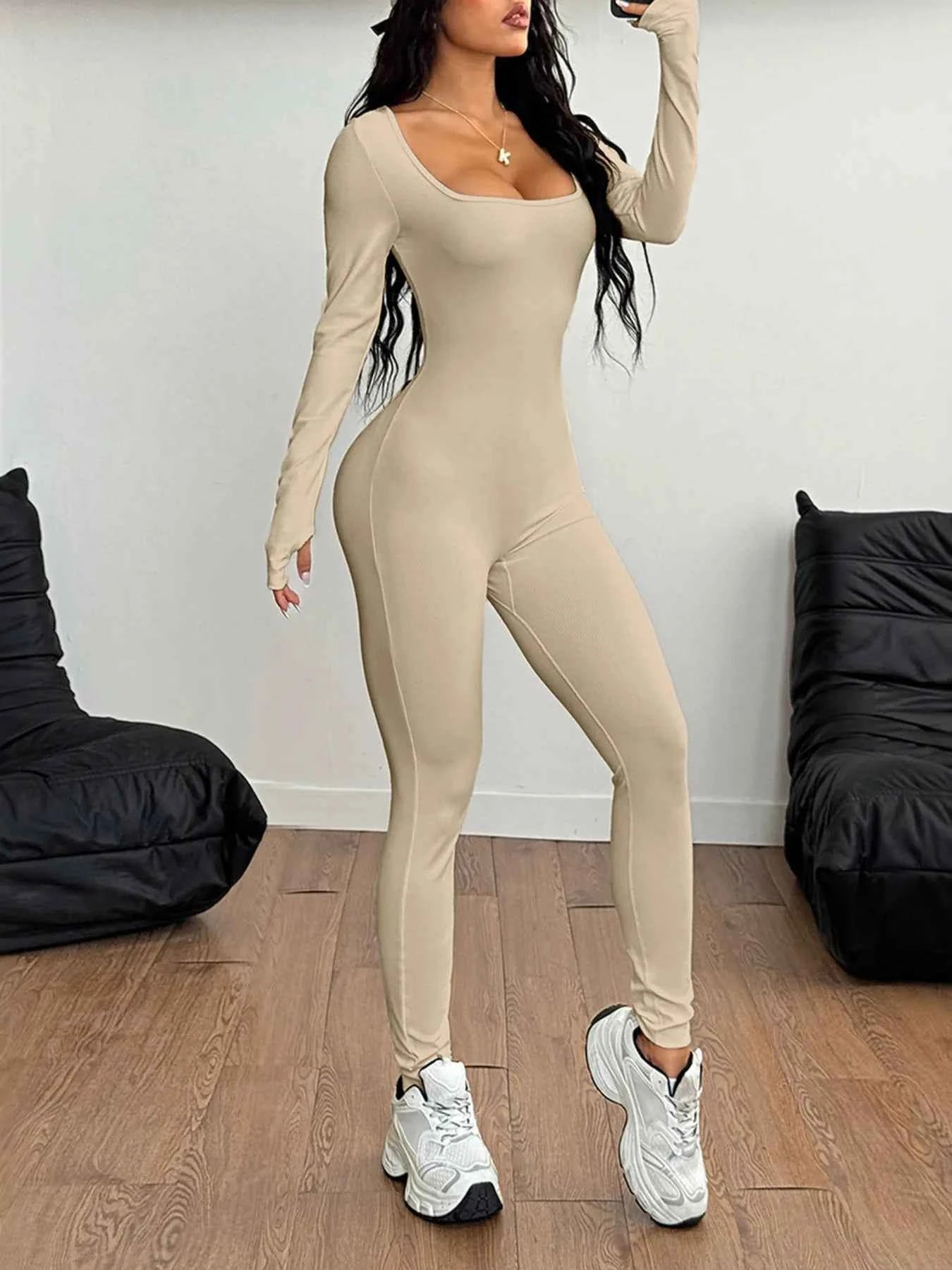 Square Neck Long Sleeve Active Jumpsuit