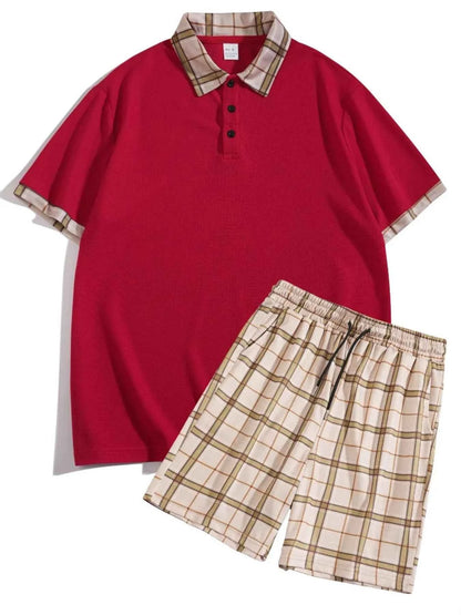 Men's Full Size Classic Plaid Collar Polo and Shorts Set Plus Size