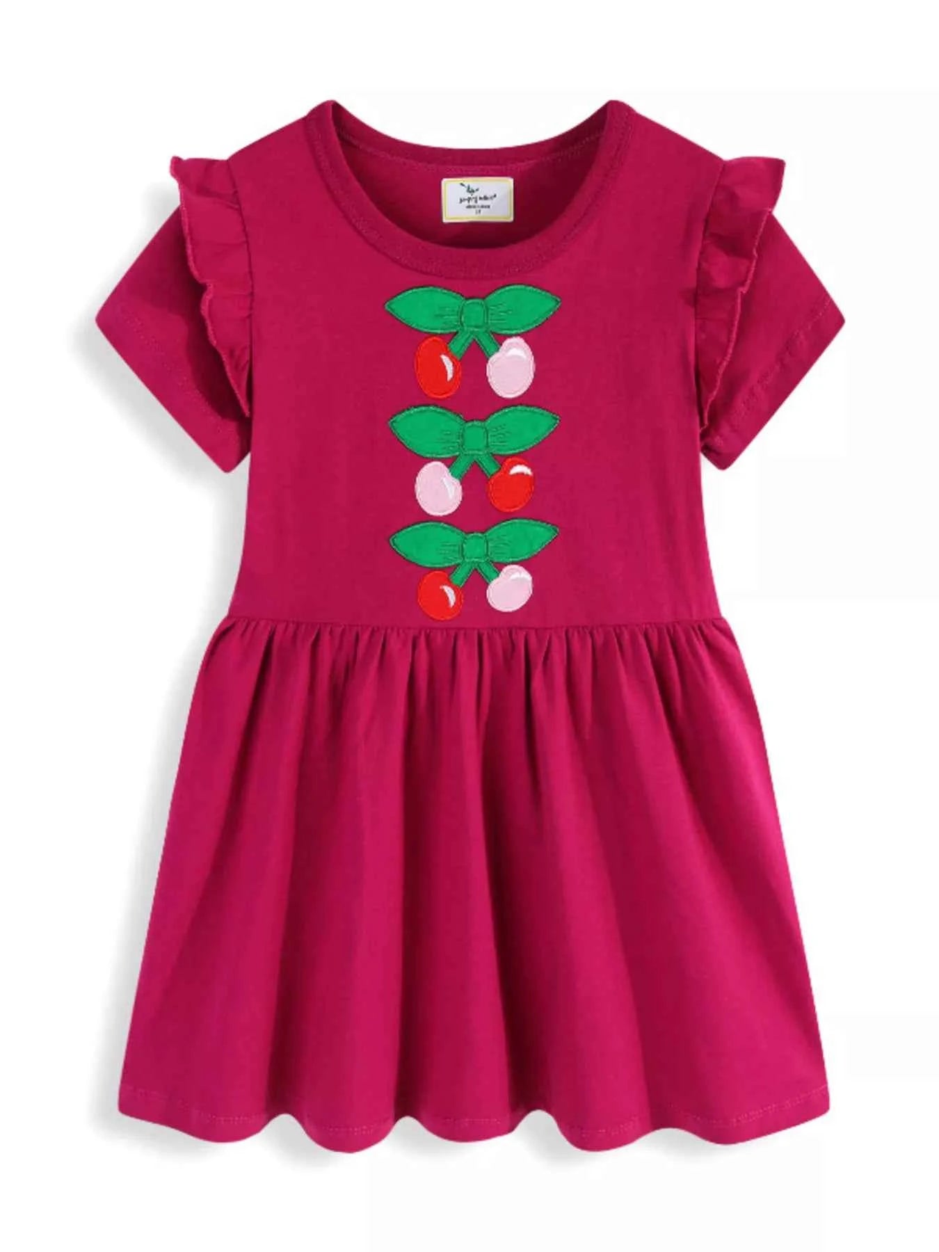 Children's Cherry Bowknot Applique Ruffle Sleeve Casual Dress