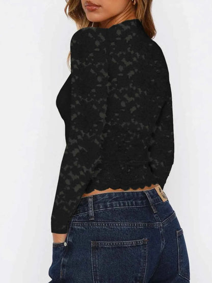 Floral Lace Long Sleeve Deep V-Neck Blouse with Scalloped Hem