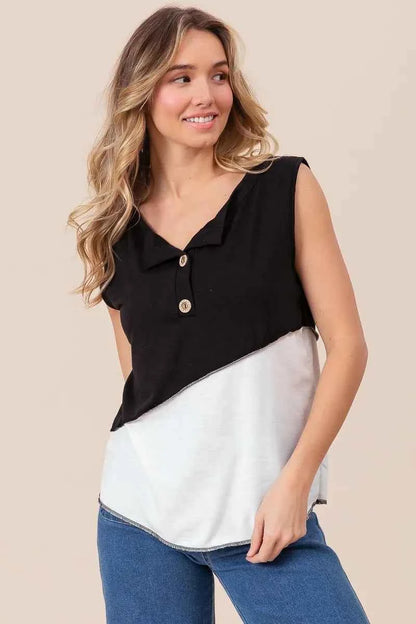 BiBi Color Block Contrast Stitching Buttoned Henley Top