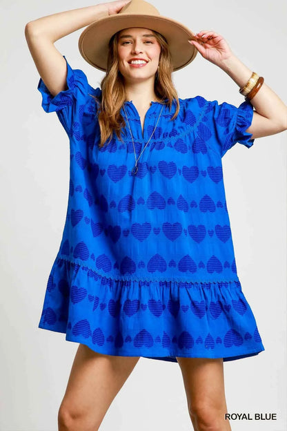 Umgee Heart Pattern Short Sleeve Ruffle Babydoll Dress