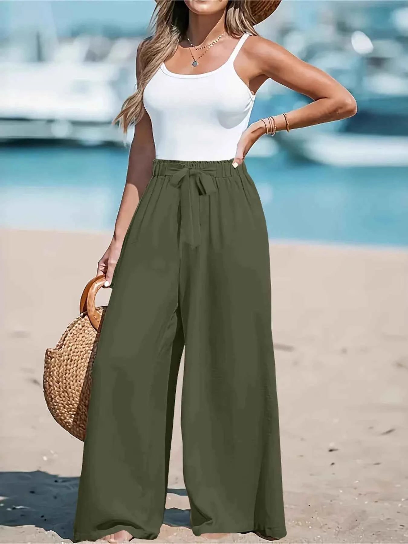 Full Size Drawstring Waist Wide Leg Pants Plus Size