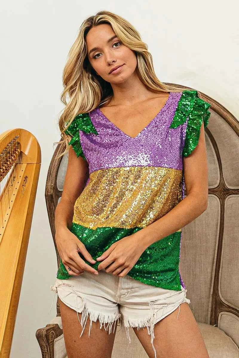 BiBi Mardi Gras Sequin Color Block Ruffled  Top