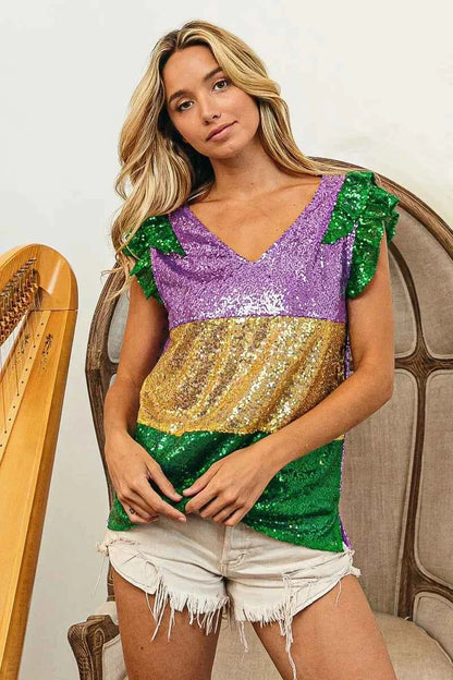 BiBi Mardi Gras Sequin Color Block Ruffled  Top