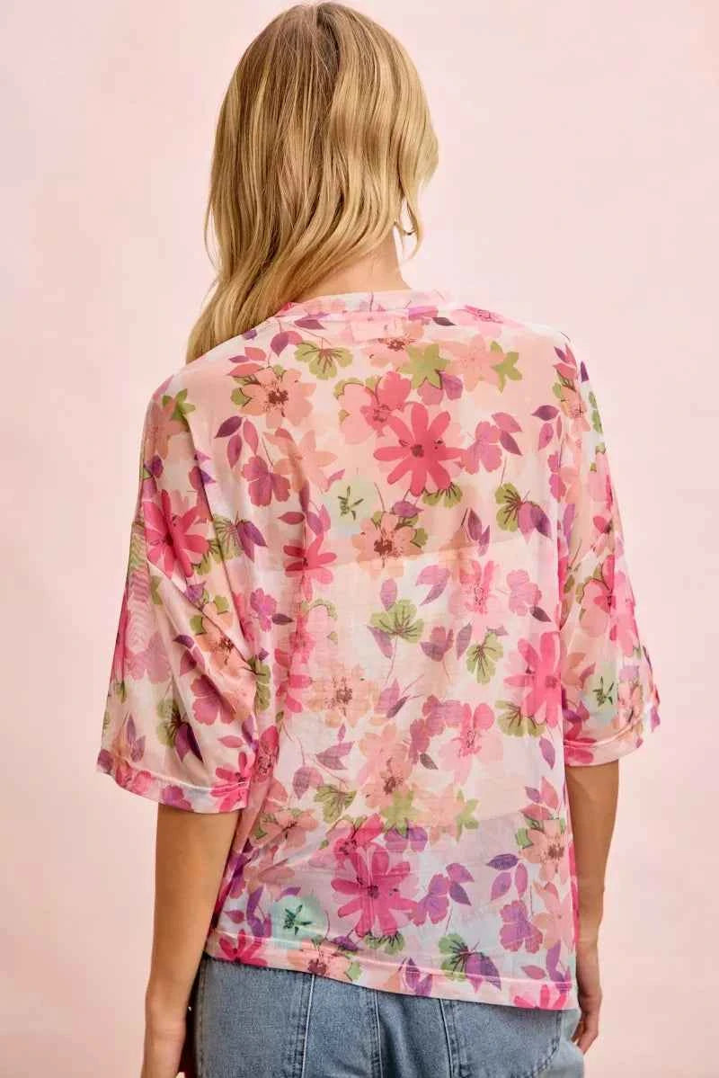 BiBi Floral Print Short Sleeves Boxy Mesh Top