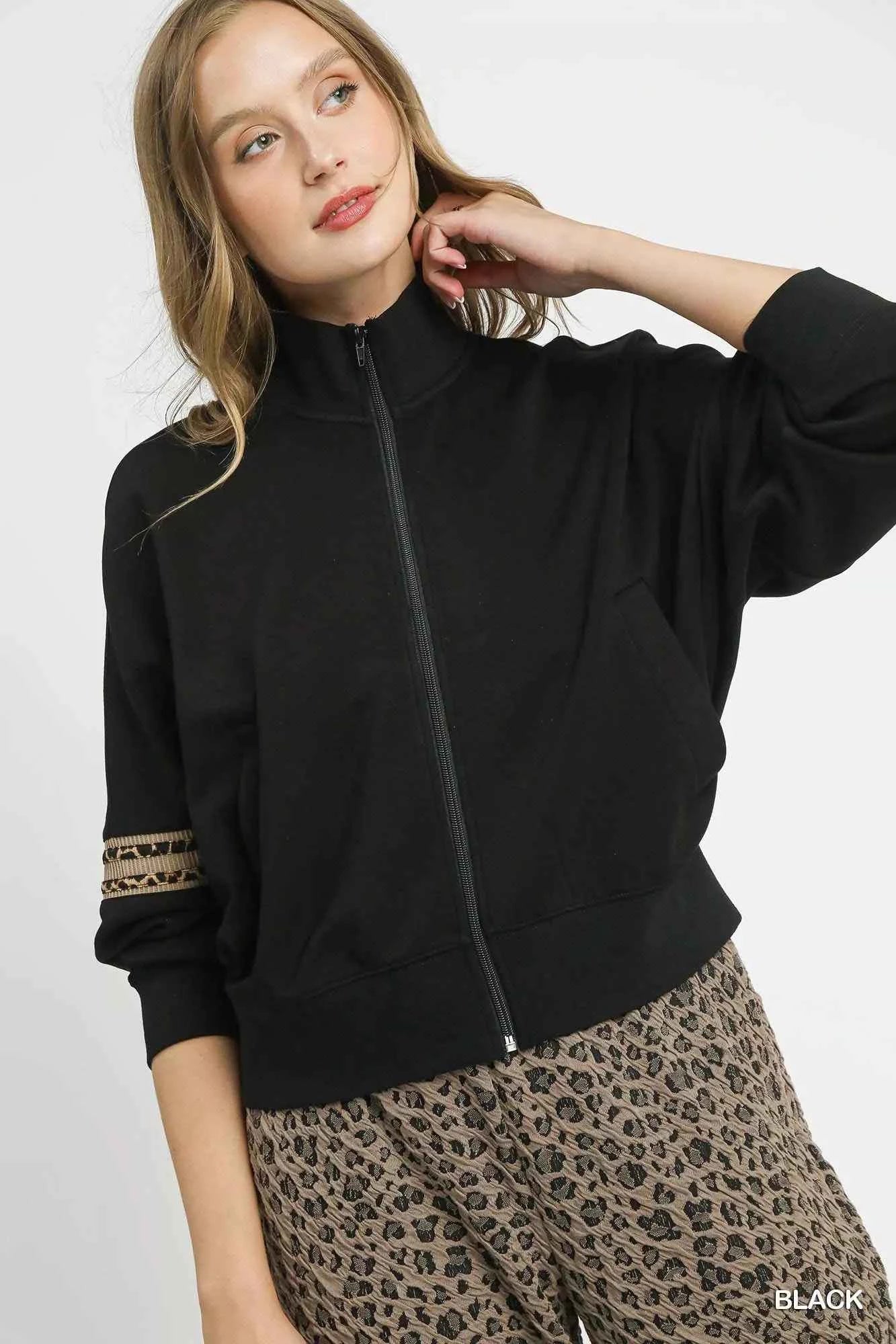 Umgee Zipper Up Cropped Jacket with Leopard Trim