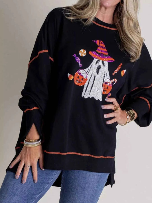 Halloween Ghost Sequin Exposed Seam Sweatshirt