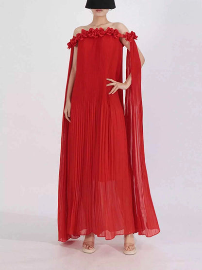 Off-Shoulder Floral Pleated Maxi Dress