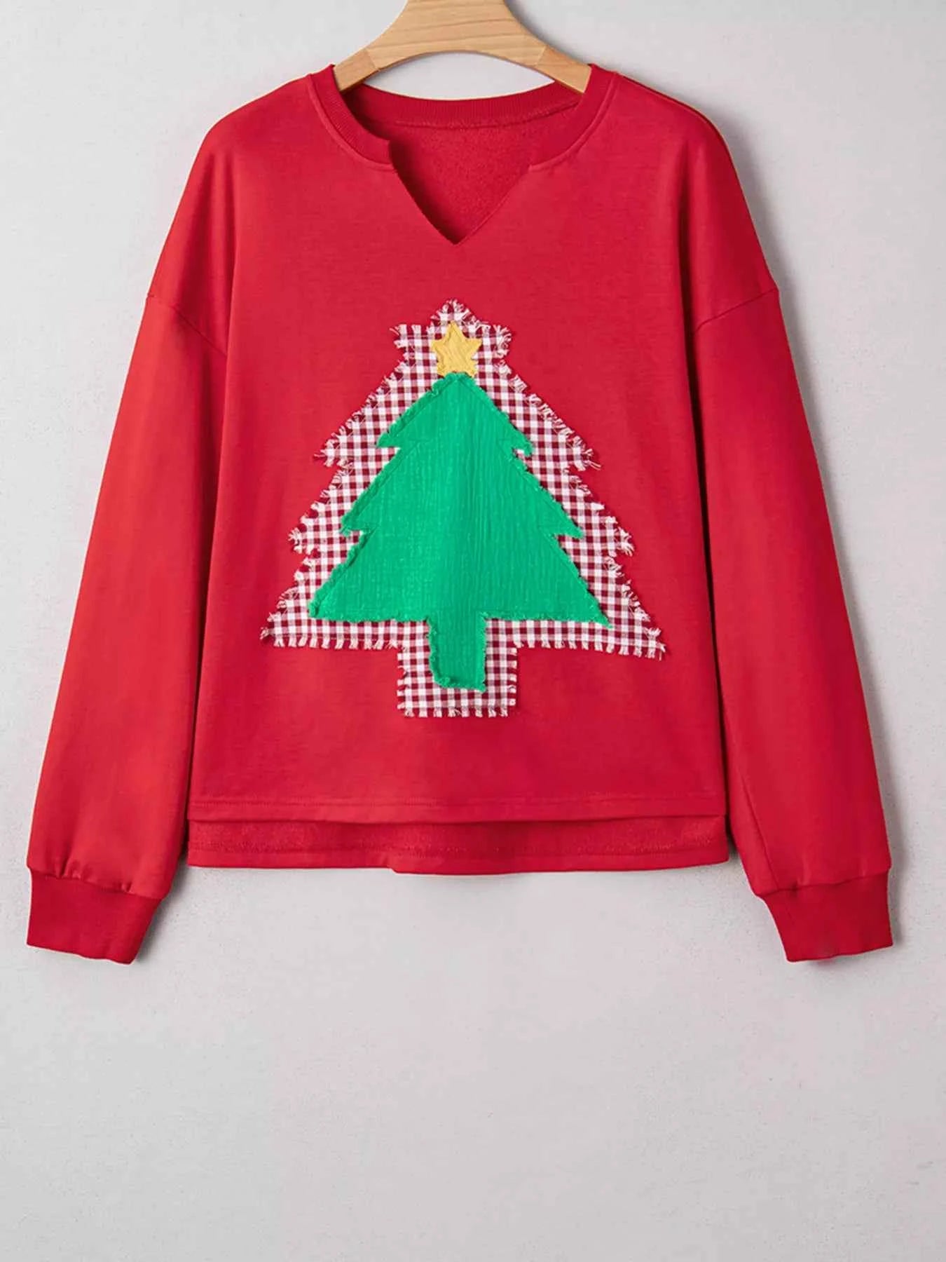 Plaid Frayed Double Christmas Tree Patched Drop Shoulder Sweatshirt