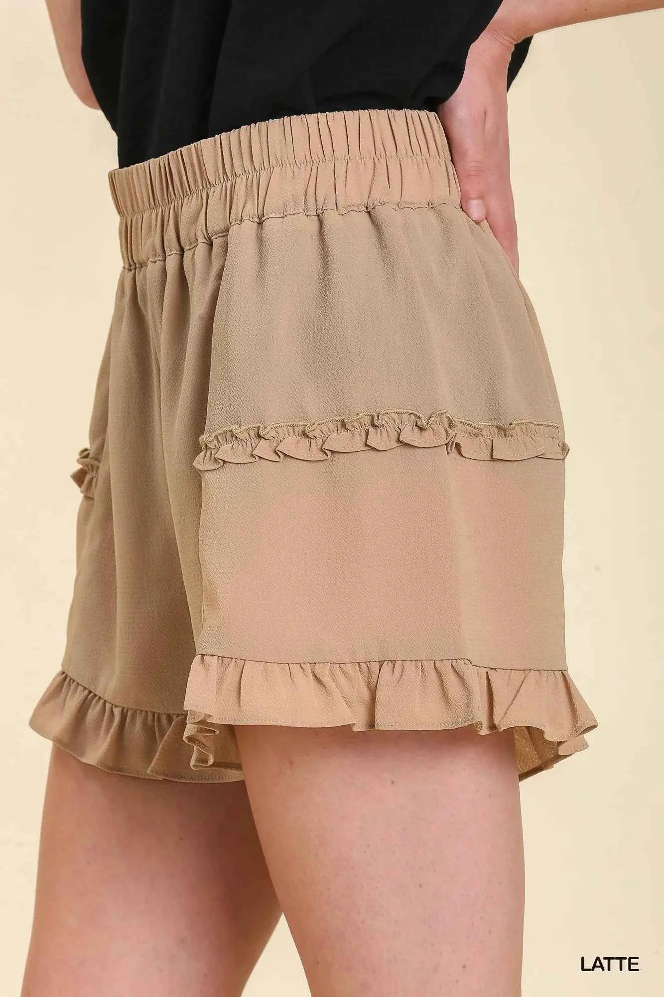Umgee High Waisted Shorts with Ruffle Trim Detail and Elastic Waist Band
