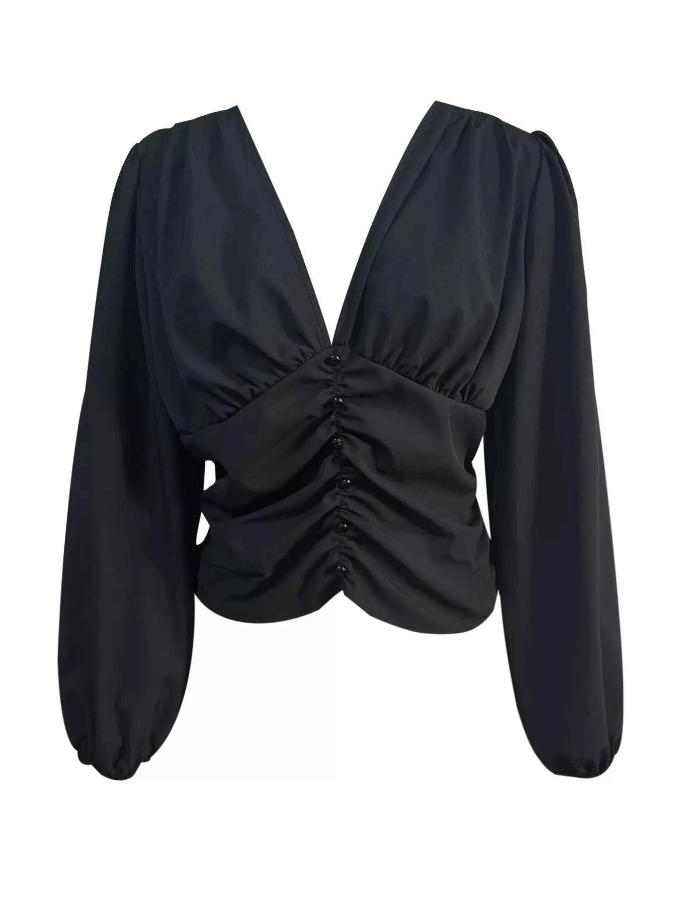 V-Neck Ruched Long Sleeve Blouse