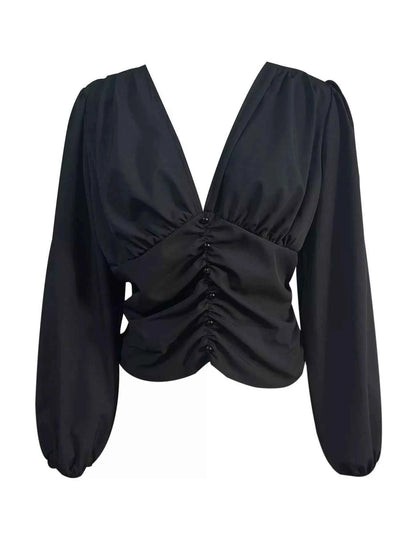 V-Neck Ruched Long Sleeve Blouse