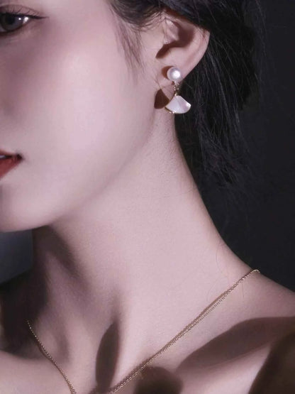 Fan-Shaped Pearl Drop Earrings