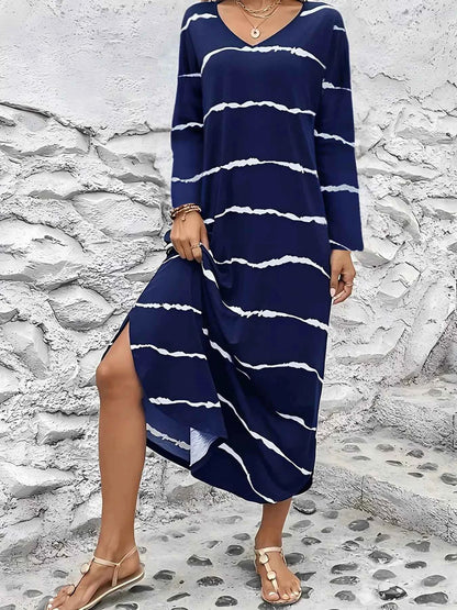 Striped V-Neck Long Sleeve Dress