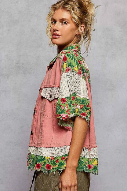 POL Lace Patch Floral Half Sleeve Shacket