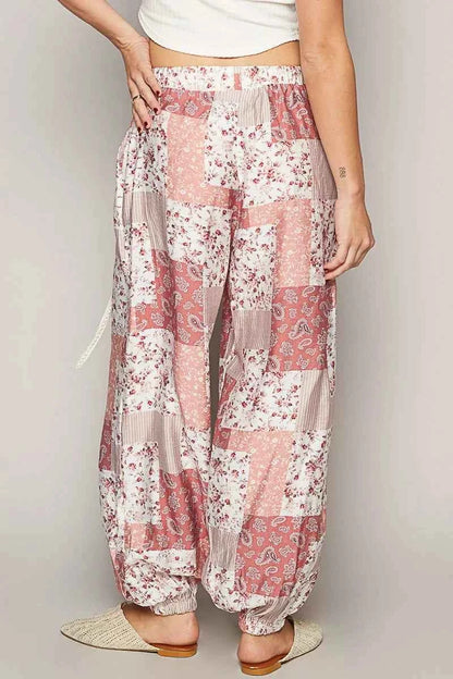 POL Drawstring Floral Patchwork Wide leg Pants