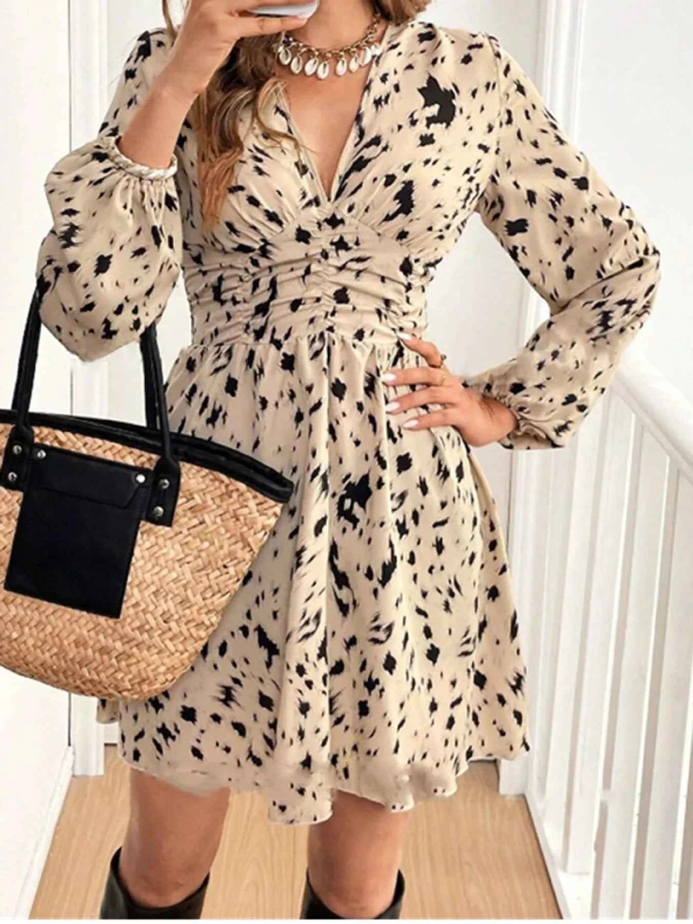 Printed Balloon Sleeve Mini Dress