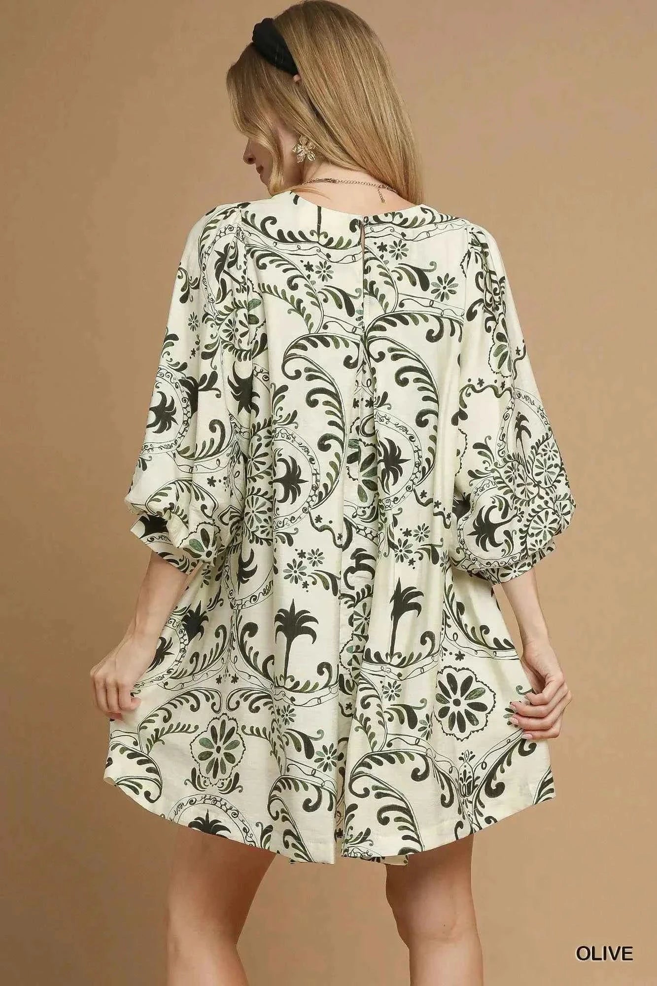 Umgee Boho Printed Balloon Sleeve Mini Dress