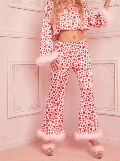 Heart Print Long Sleeve Top and Pants Lounge Set