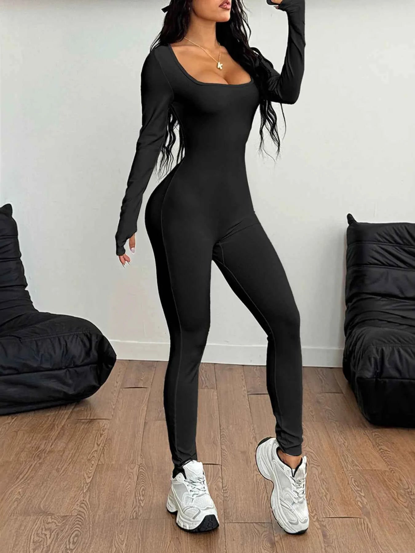 Square Neck Long Sleeve Active Jumpsuit