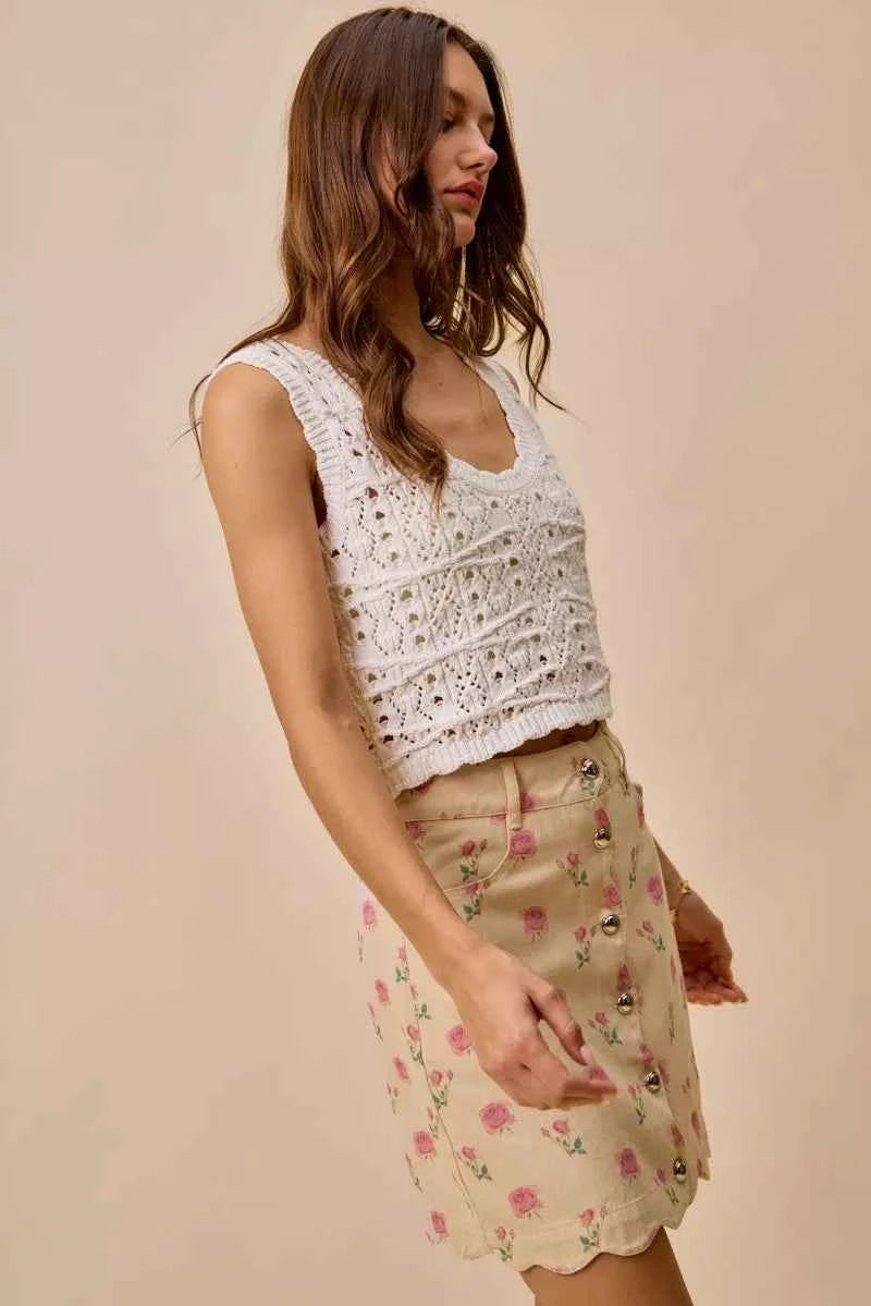 SO ME Floral Rose Print Cotton Twill Scallop Mini Skirt