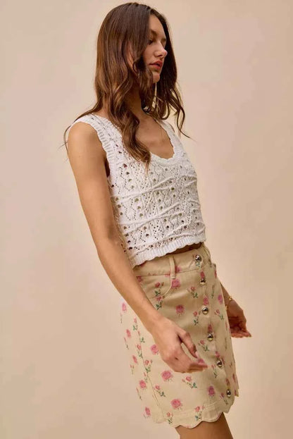 SO ME Floral Rose Print Cotton Twill Scallop Mini Skirt