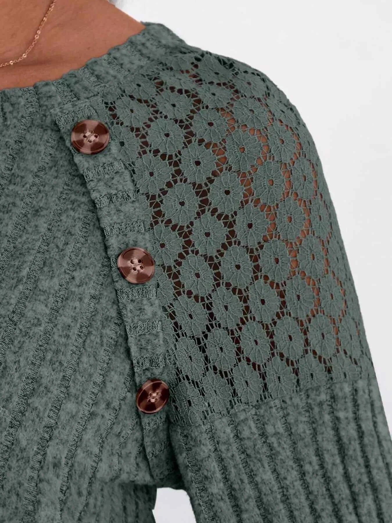 Ribbed Knit T-Shirt with Lace Shoulder Detail