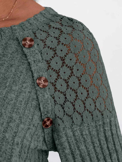 Ribbed Knit T-Shirt with Lace Shoulder Detail