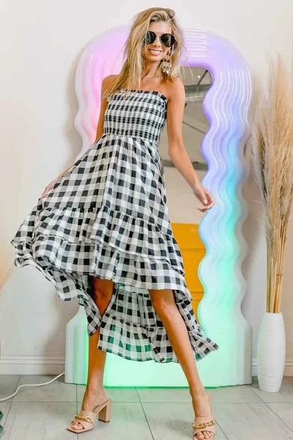 BiBi Smocked Body Off Shoulder Check Dress