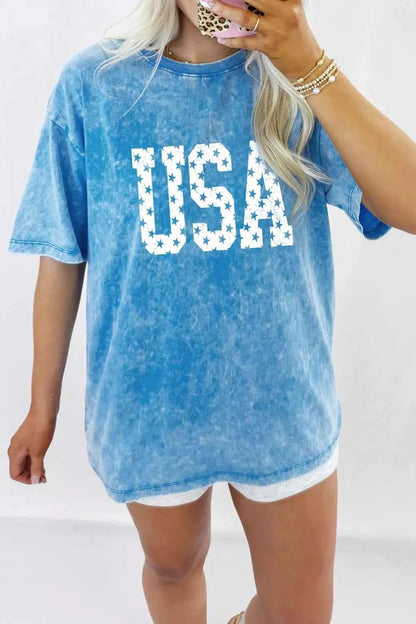 USA Star Print Acid Wash T-Shirt