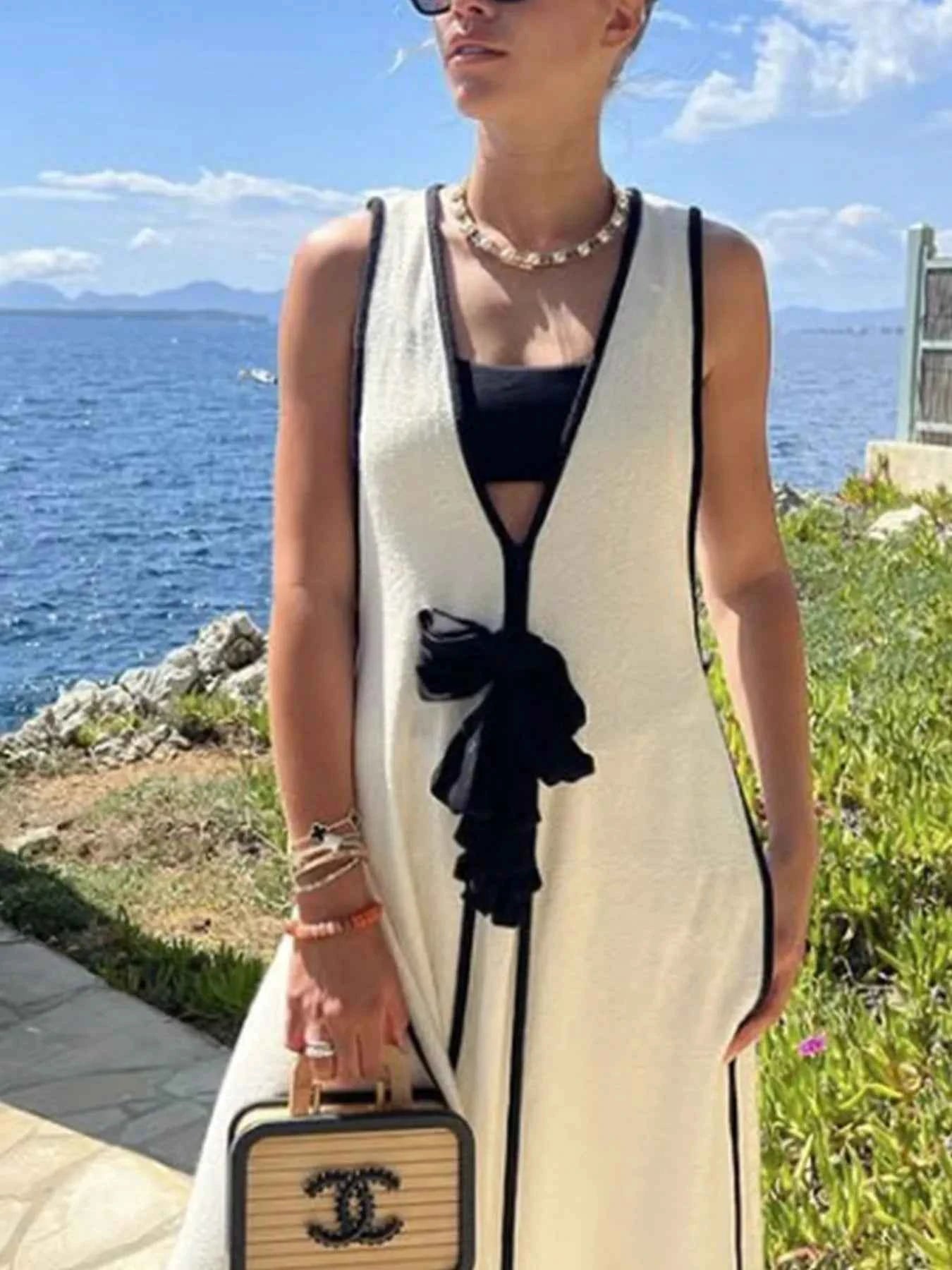 Contrast Trim Sleeveless Maxi Knit Dress