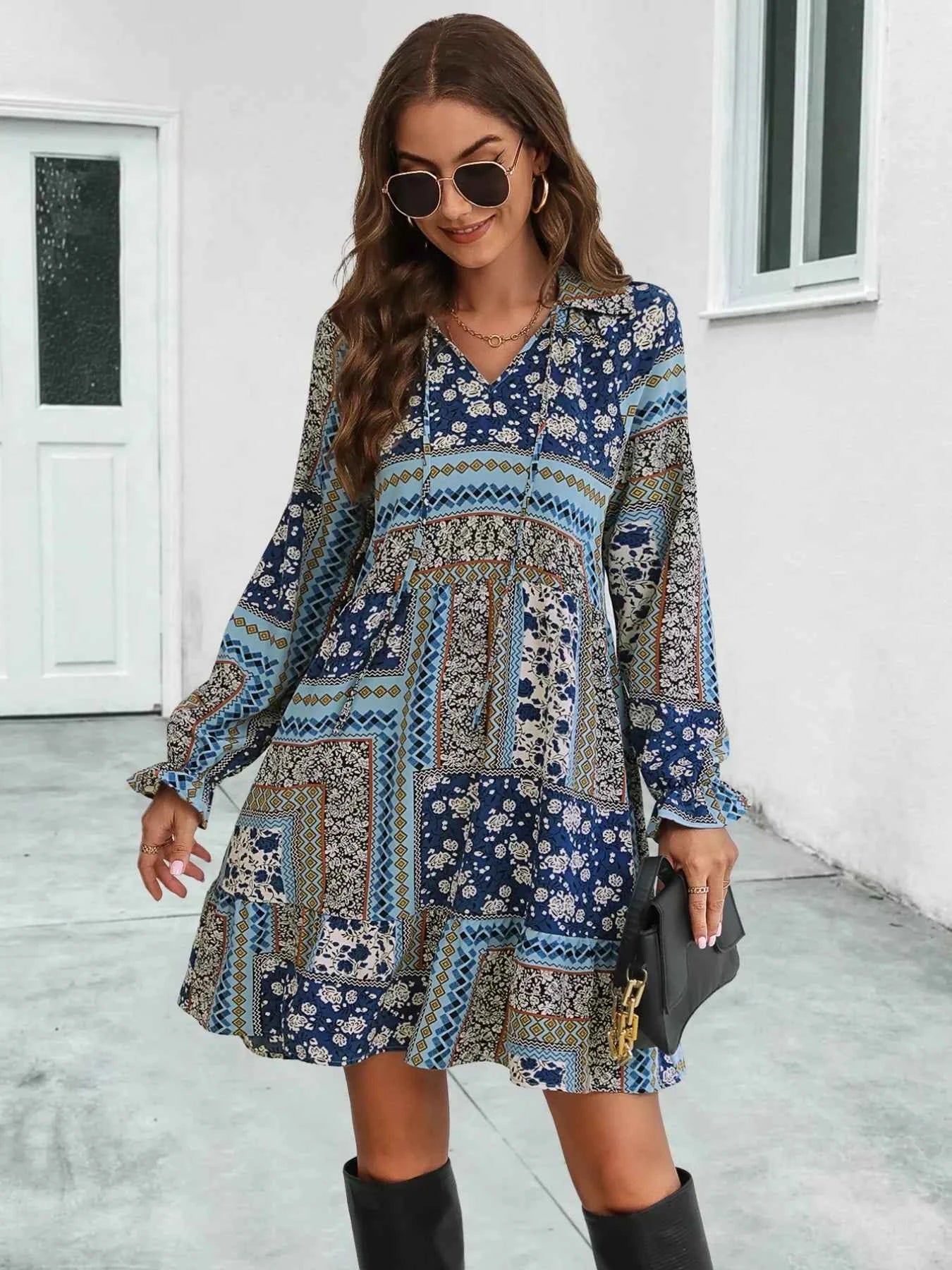 Boho Floral Print Long Sleeve Mini Dress
