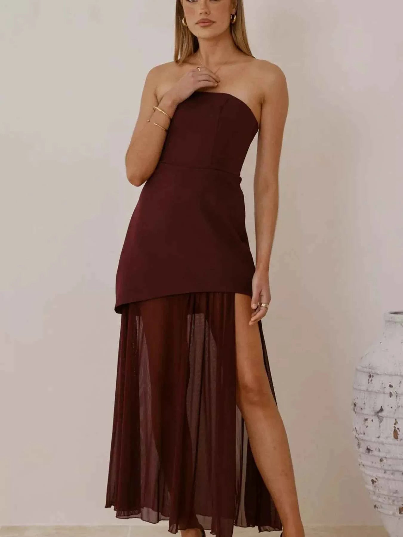 High Slit Mesh Tube Maxi Dress