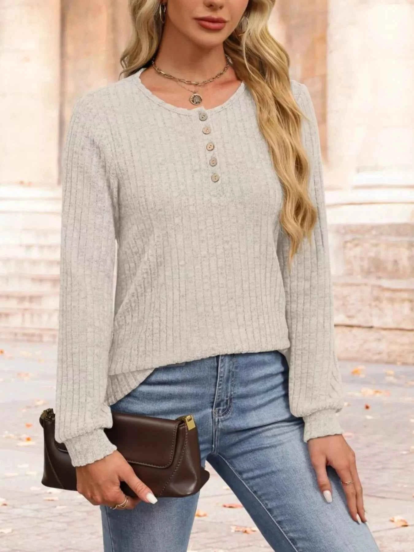 Ribbed Knit Button-Front Long Sleeve T-Shirt