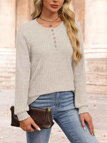 Ribbed Knit Button-Front Long Sleeve T-Shirt