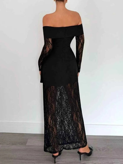 Off-Shoulder Lace Long Sleeve Maxi Dress