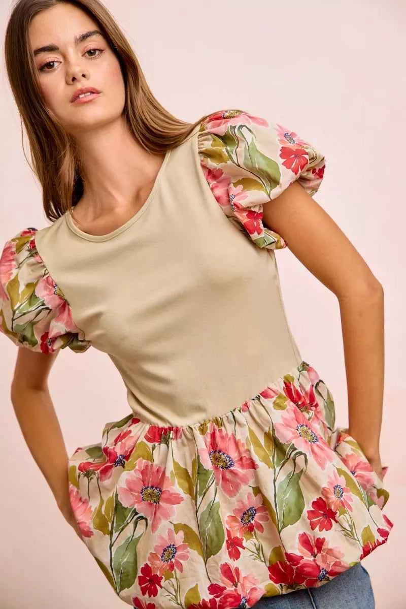 BiBi Floral Printed Bubble Sleeves and Hem Peplum Top